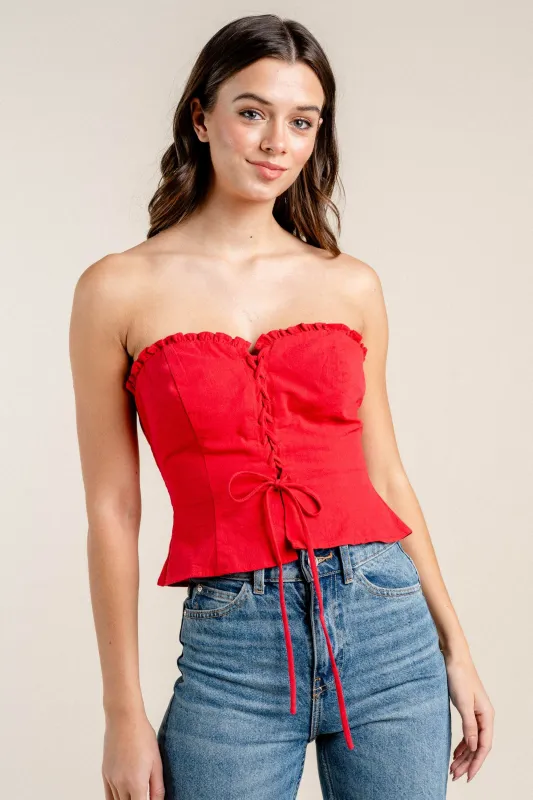BT2782E / LINEN RUFFLED TRIM DRAWSTRING LACE UP BUSTIER TOP sold by privy