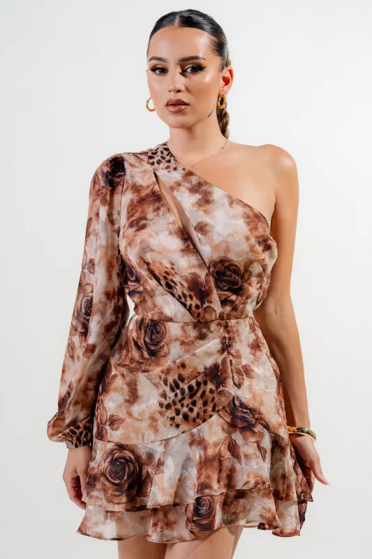 HD30054S / JACQUARD CHIFFON PRINT CUT OUT DETAILED RUCHED MESH MINI DRESS sold by privy