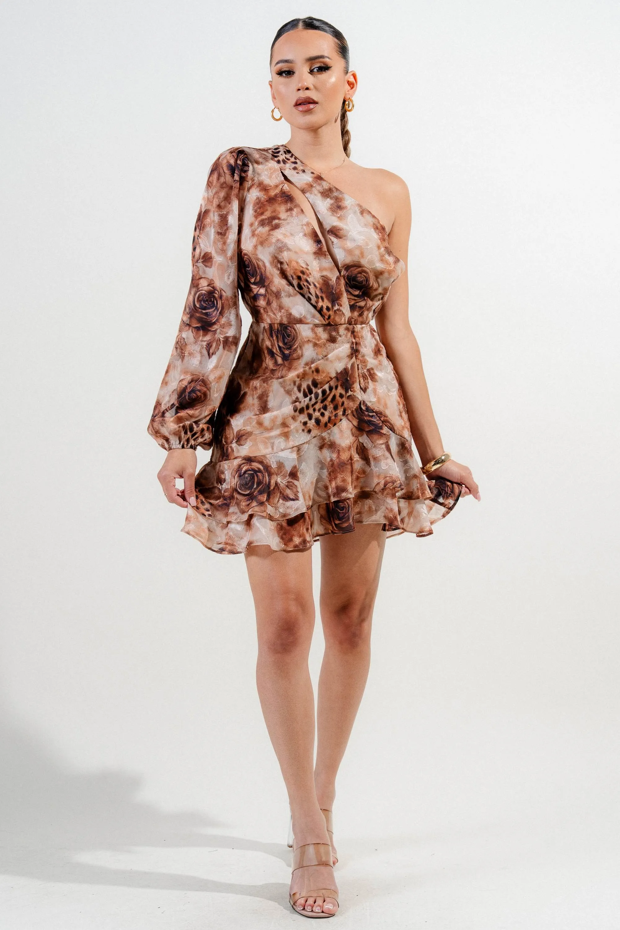 HD30054S / JACQUARD CHIFFON PRINT CUT OUT DETAILED RUCHED MESH MINI DRESS sold by privy product image thumbnail 5