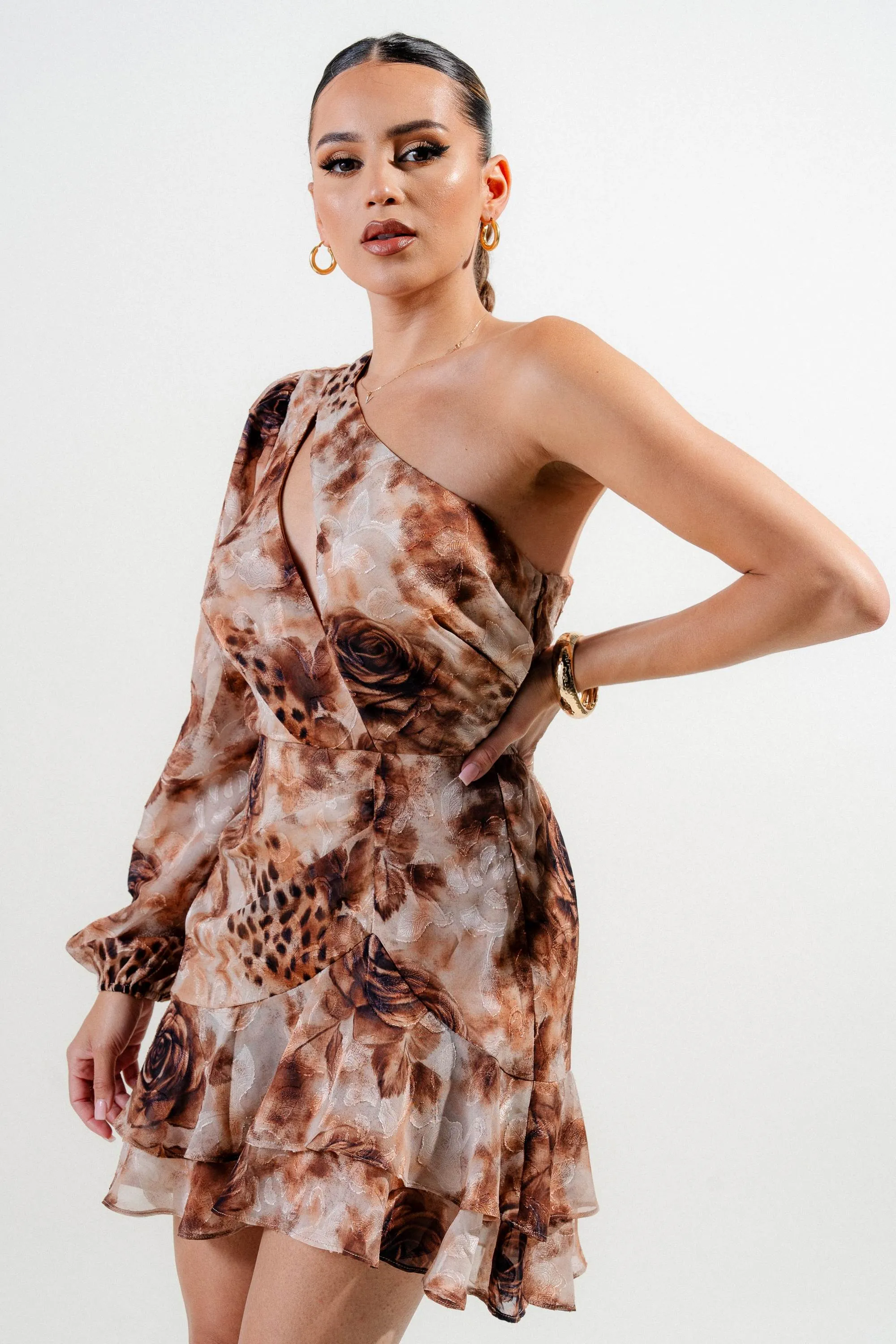 HD30054S / JACQUARD CHIFFON PRINT CUT OUT DETAILED RUCHED MESH MINI DRESS sold by privy product image thumbnail 2