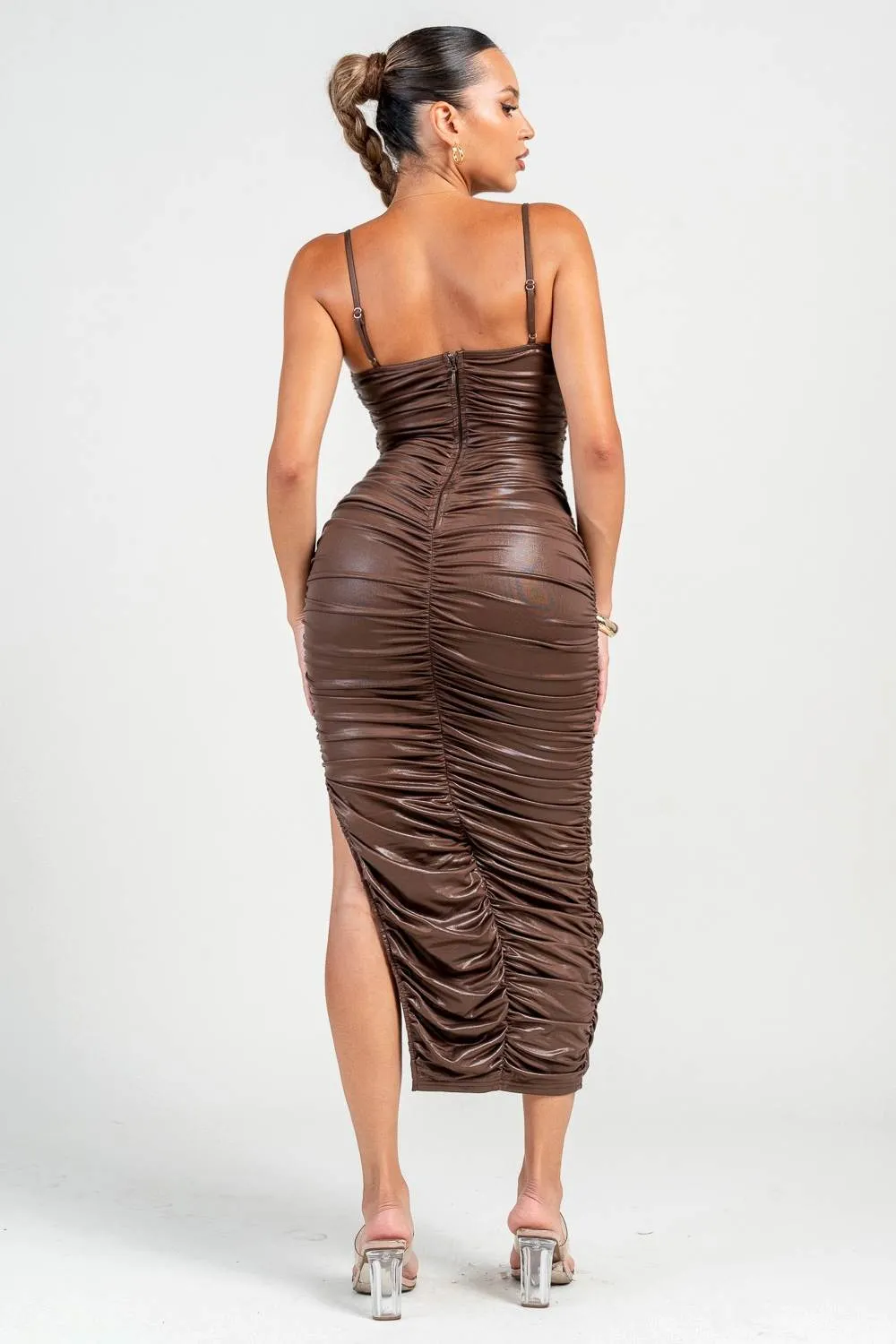 PD79277NTP / SPAGTTI STRAP SIDE SLIT RUCHING MIDI DRESS sold by privy product image thumbnail 3