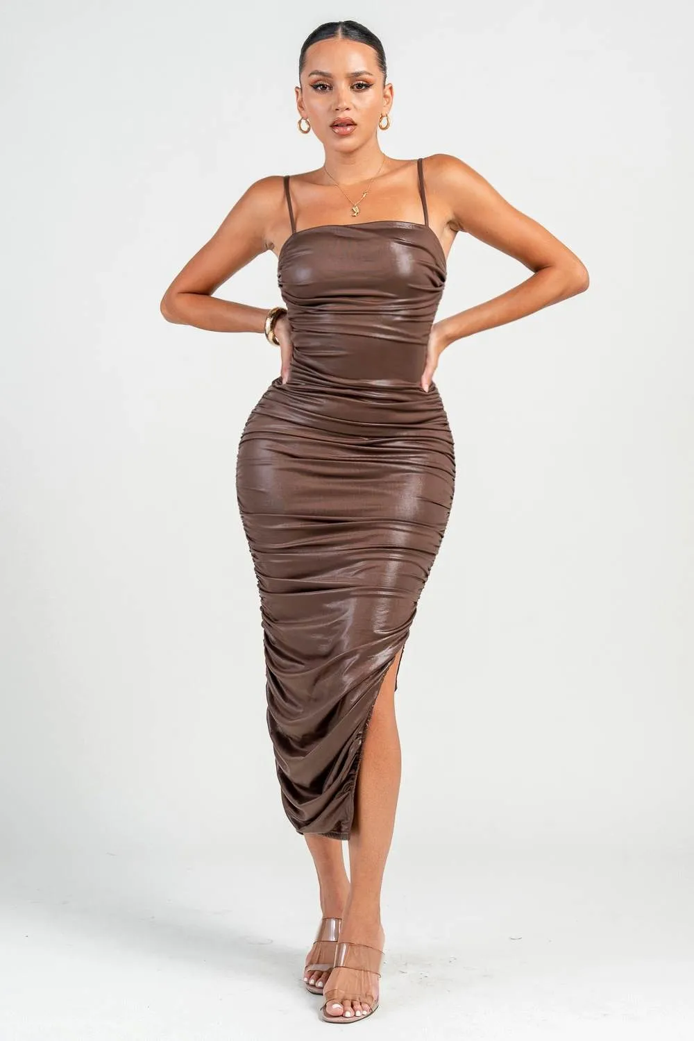 PD79277NTP / SPAGTTI STRAP SIDE SLIT RUCHING MIDI DRESS sold by privy