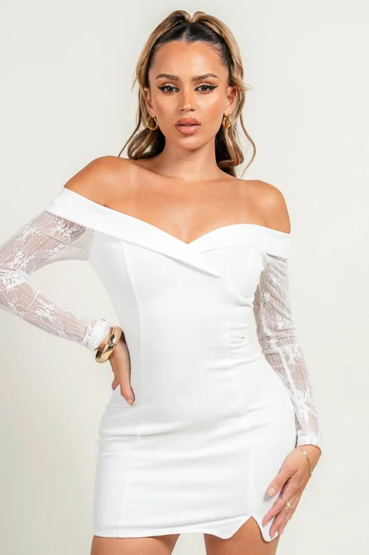 PDKF78871E / NYLON PONTE OFF SHOULDER LONG SLEEVE MINI DRESS sold by privy