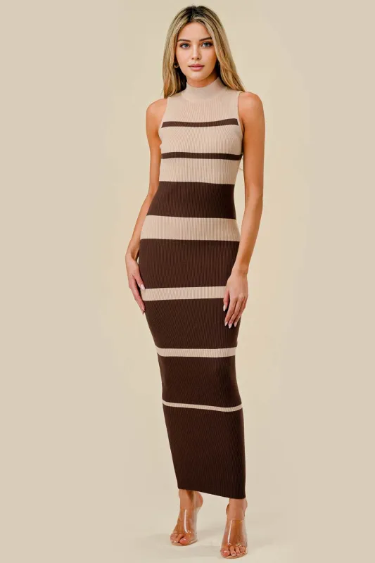 BD12563C / SWEATER RIB STRIPE HALTER MOCK NECK MIDI DRESS sold by privy