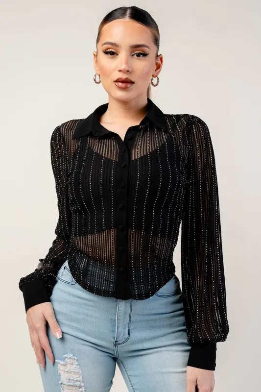 PT45084STP / STRIPE MESH WITH HOTFIX STONE LONG SLEEVE TOP sold by privy