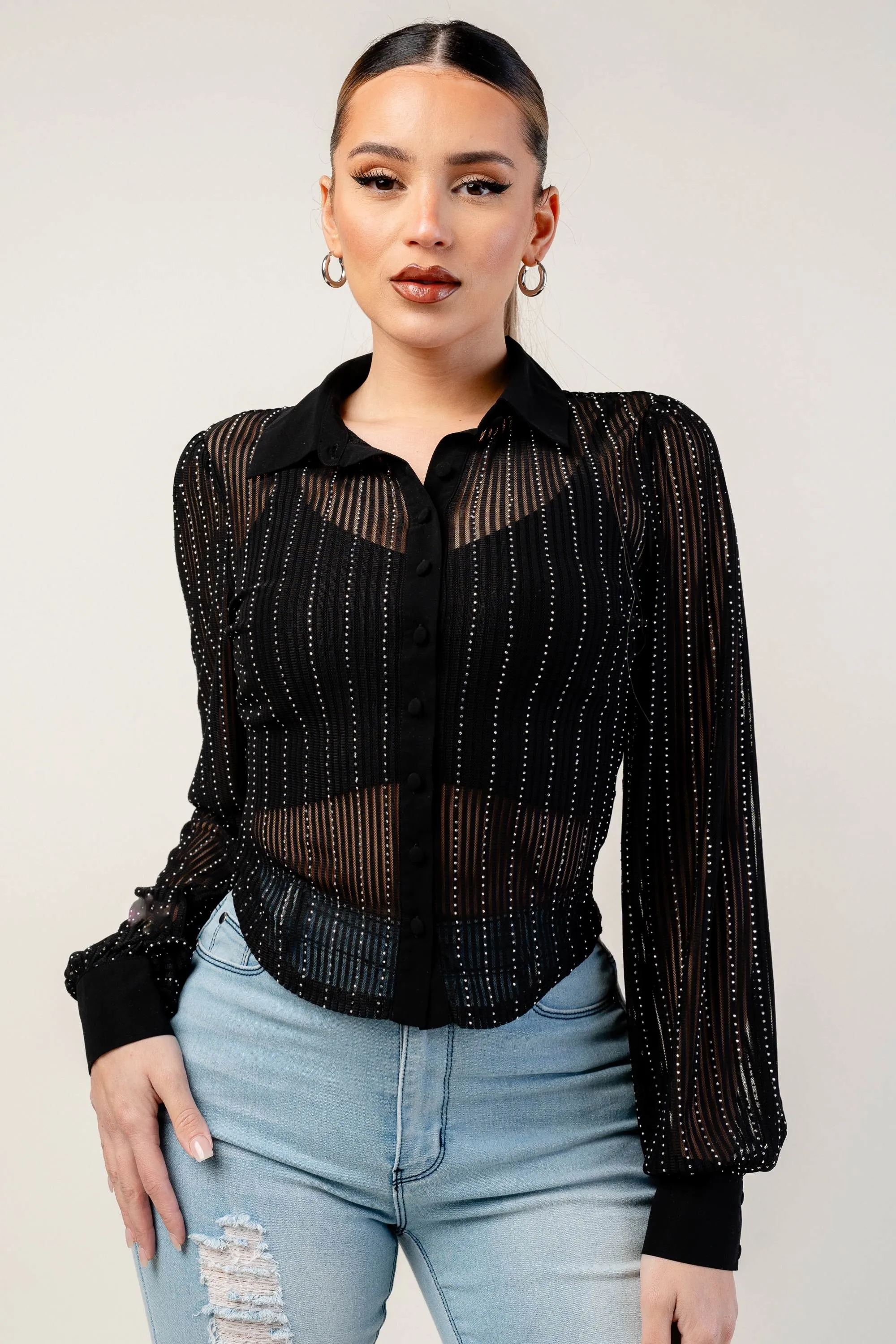 PT45084STP / STRIPE MESH WITH HOTFIX STONE LONG SLEEVE TOP sold by privy