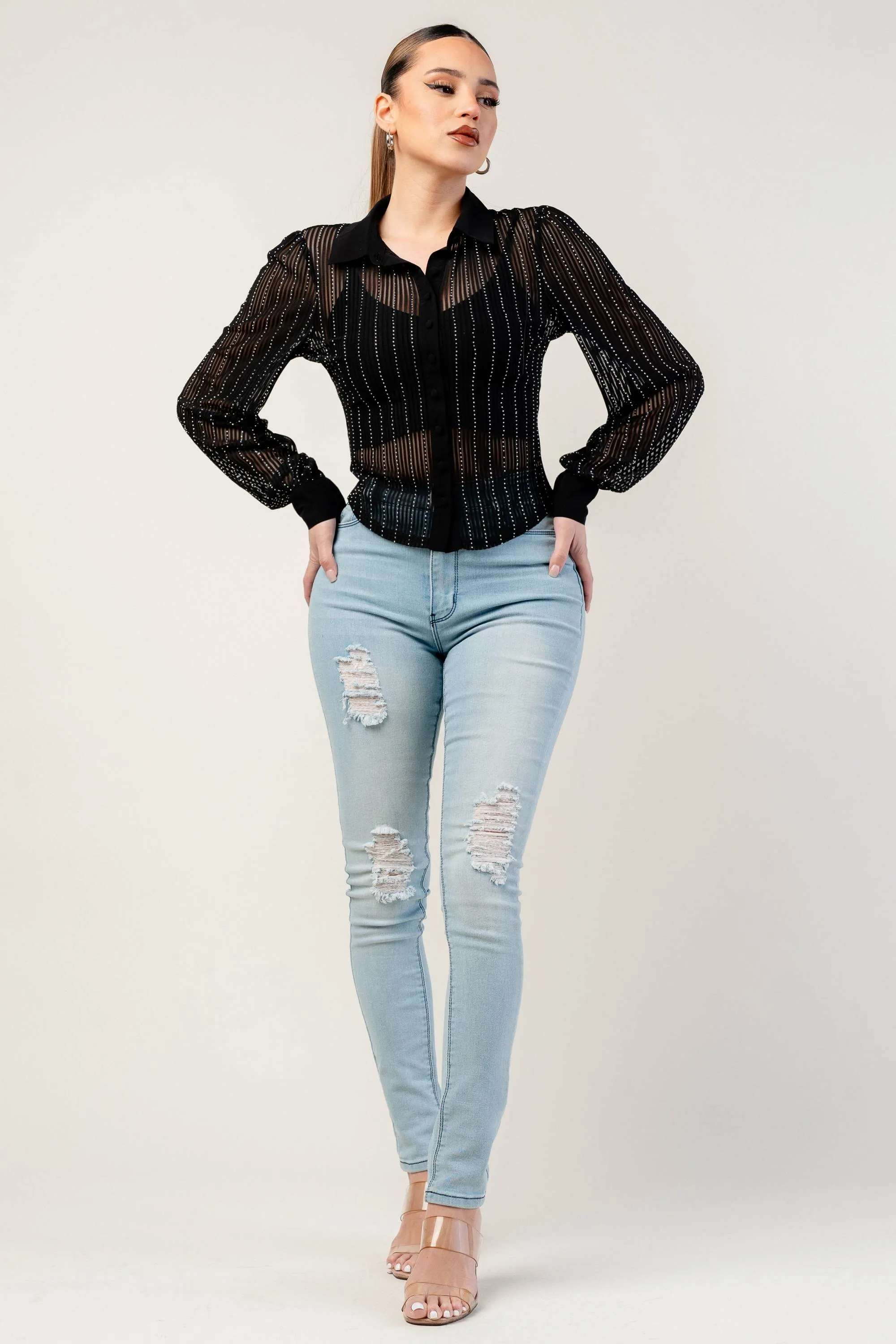 PT45084STP / STRIPE MESH WITH HOTFIX STONE LONG SLEEVE TOP sold by privy product image thumbnail 5
