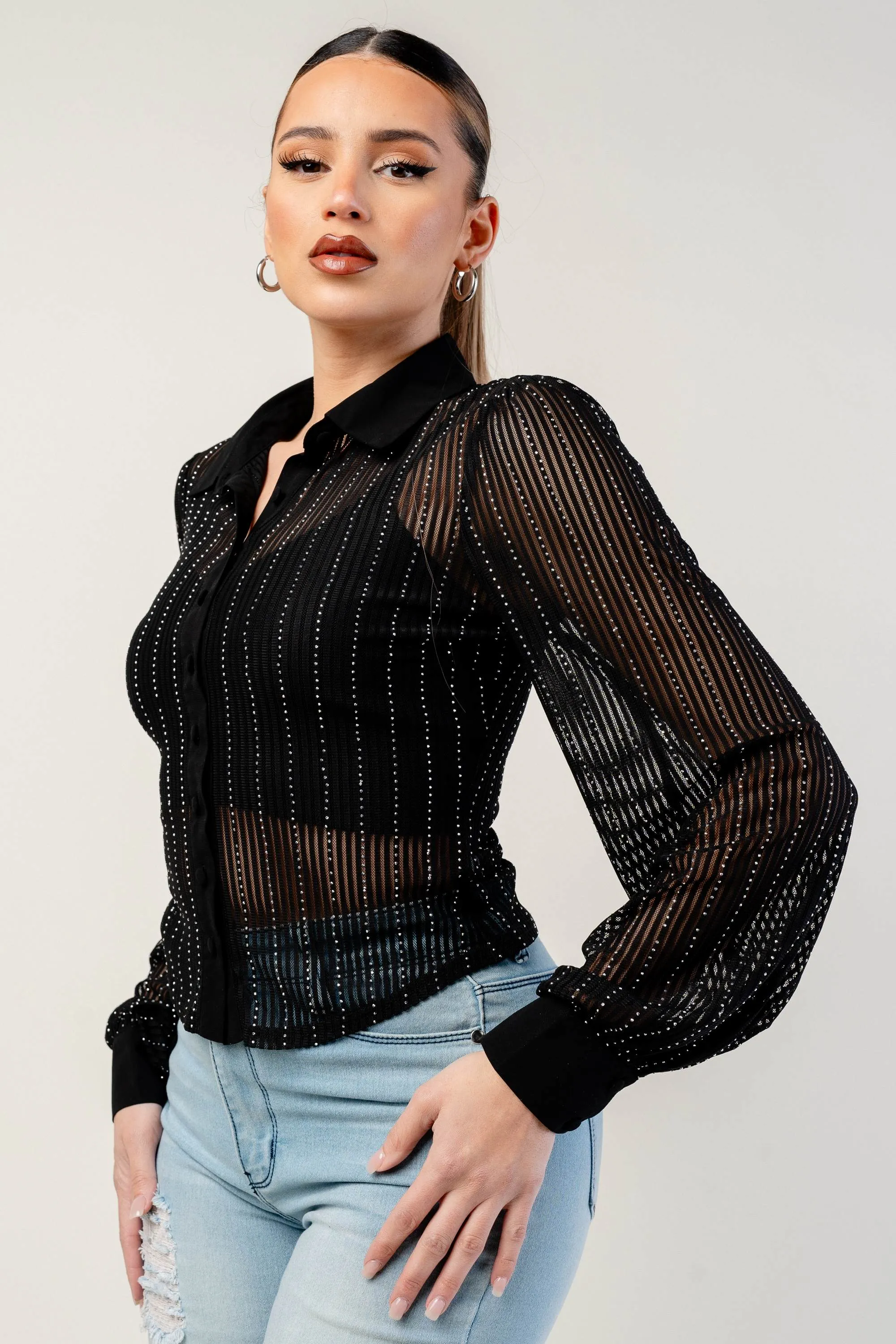 PT45084STP / STRIPE MESH WITH HOTFIX STONE LONG SLEEVE TOP sold by privy product image thumbnail 2