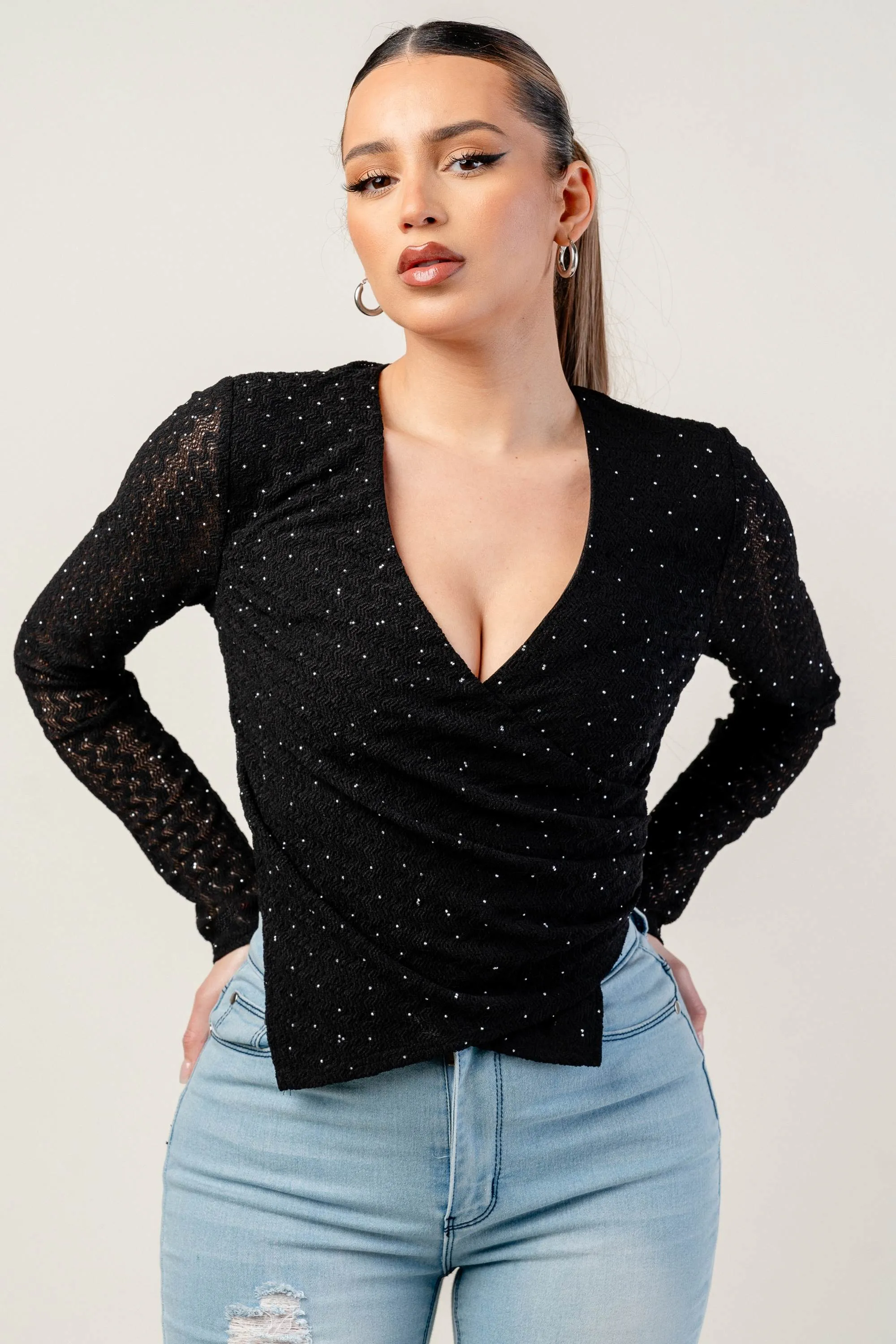 PTKS45284KST / HOT FIX PATTERN LACE OVERLAP V NECK LONG SLEEVE TOP sold by privy product image thumbnail 4