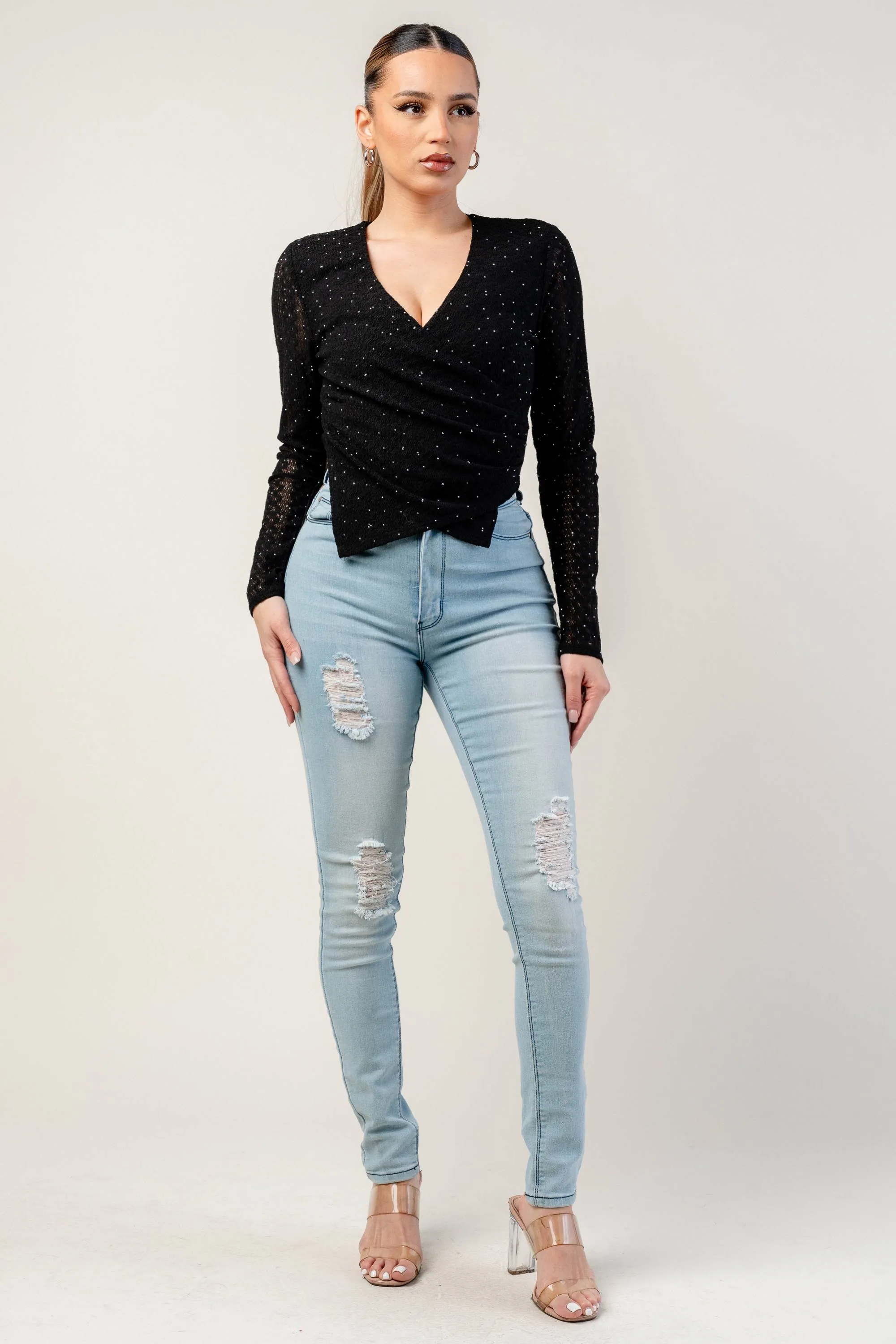 PTKS45284KST / HOT FIX PATTERN LACE OVERLAP V NECK LONG SLEEVE TOP sold by privy product image thumbnail 5