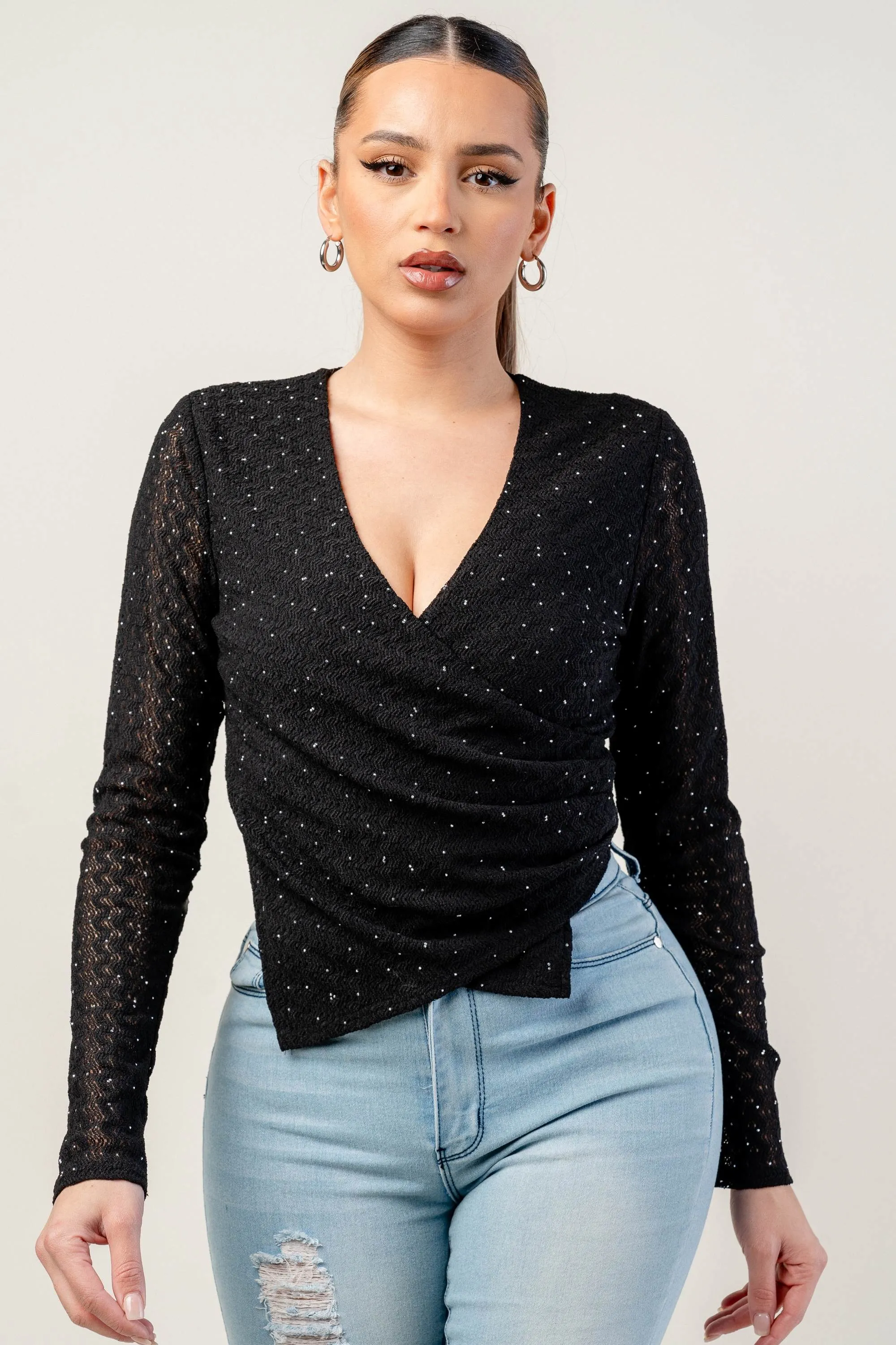 PTKS45284KST / HOT FIX PATTERN LACE OVERLAP V NECK LONG SLEEVE TOP sold by privy