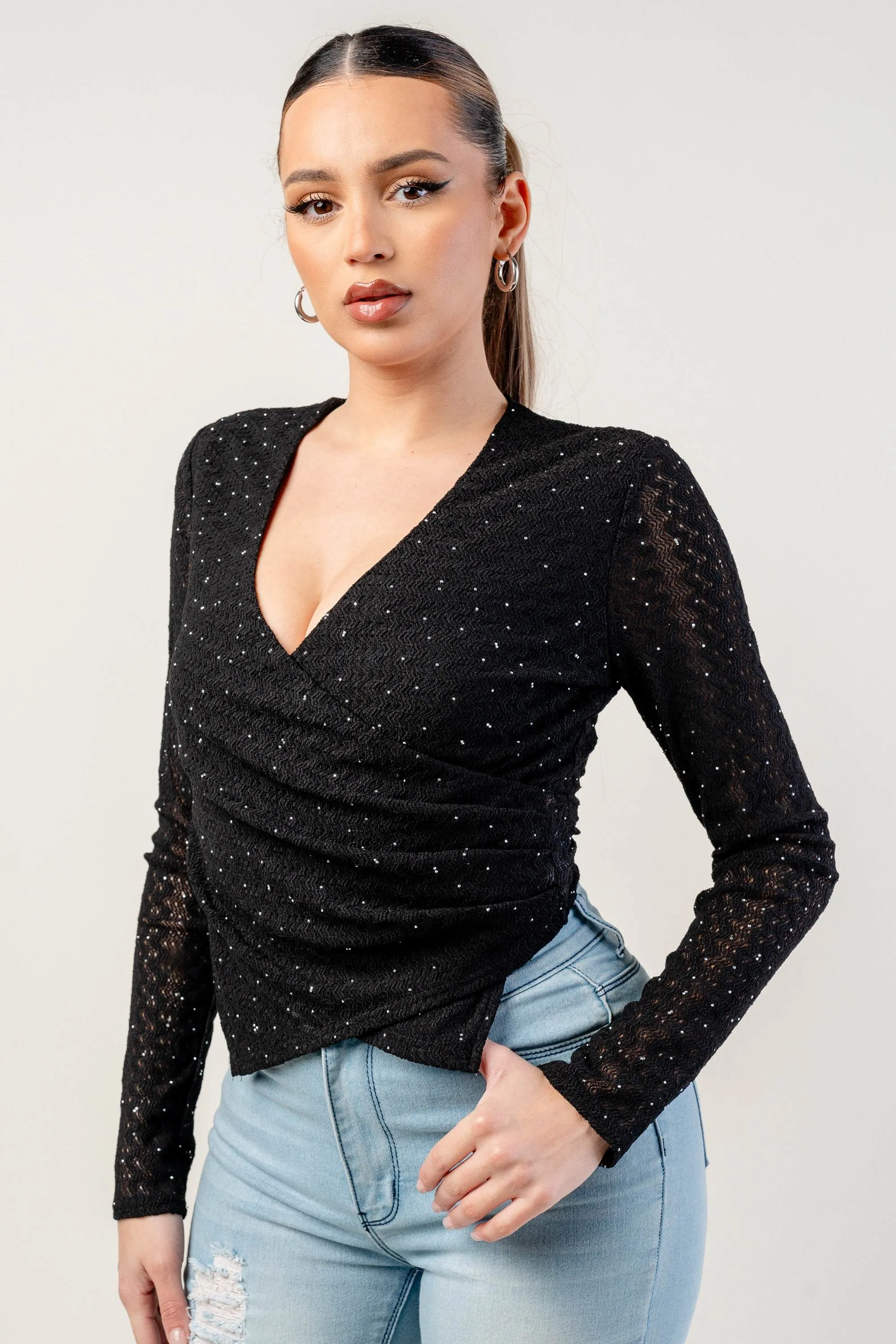 PTKS45284KST / HOT FIX PATTERN LACE OVERLAP V NECK LONG SLEEVE TOP sold by privy product image thumbnail 2