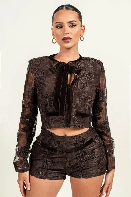 HS5018B / FLORAL EMBROIDERY LACE JACKET & HOT SHORTS made by privy