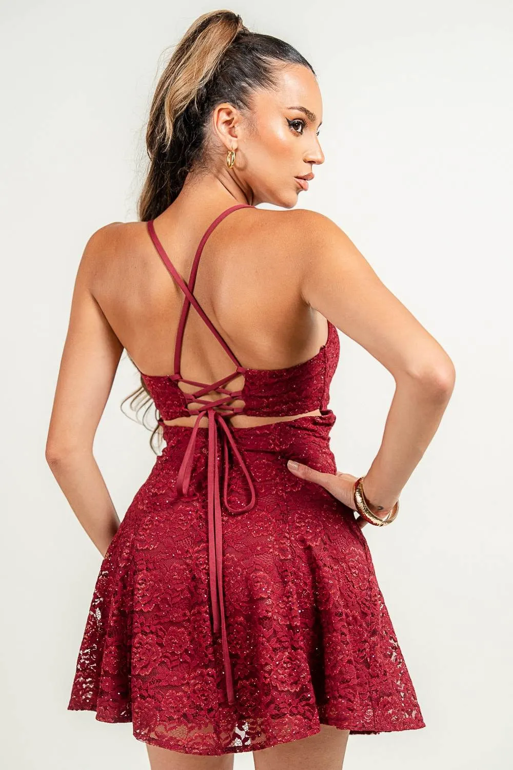 HD30289N / METALLIC LACE FLARE W/ BACK LACE UP MINI DRESS sold by privy product image thumbnail 3
