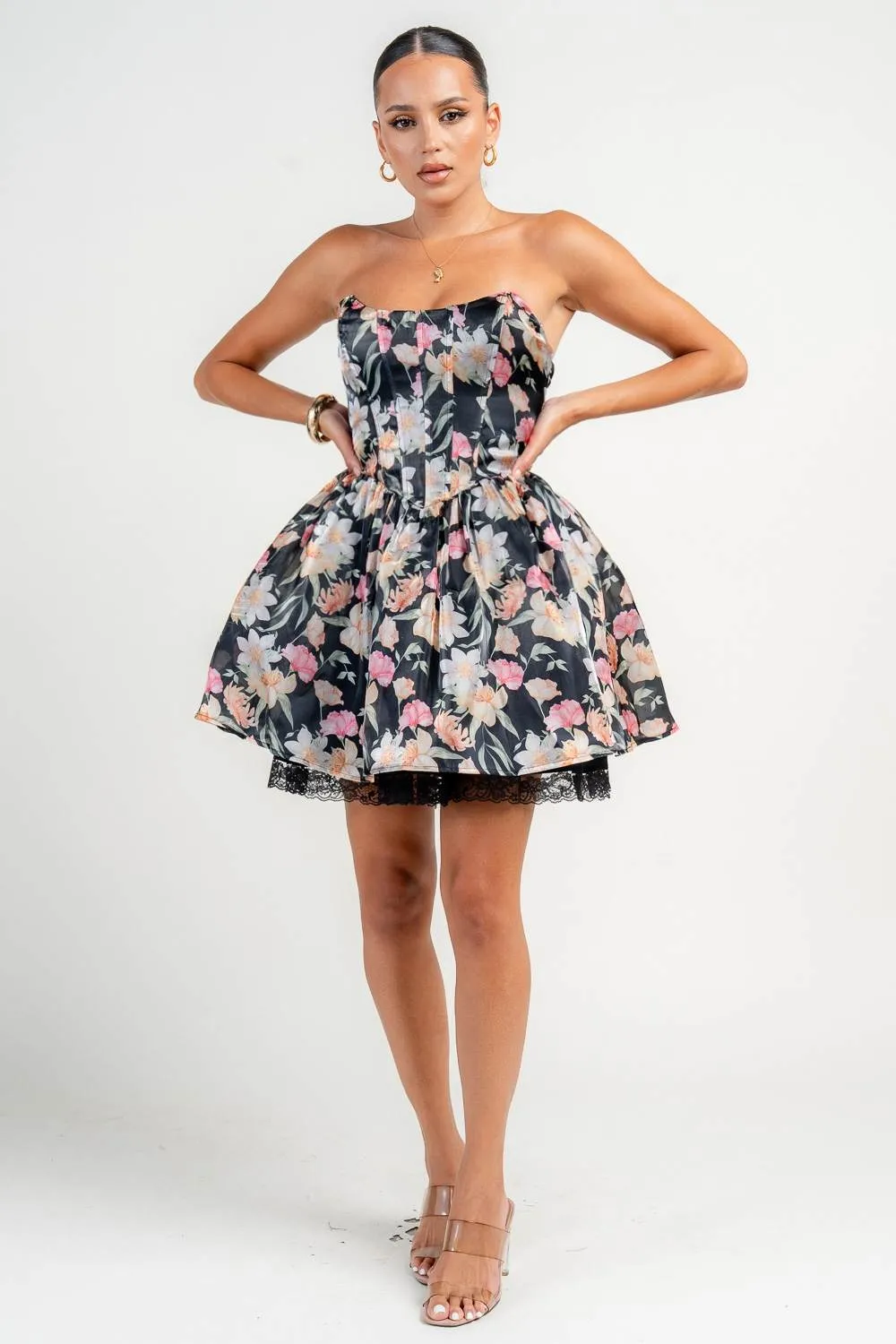 HD30375N / FLORAL PRINT STRAPLESS CORSET A-LINE MINI DRESS sold by privy product image thumbnail 5