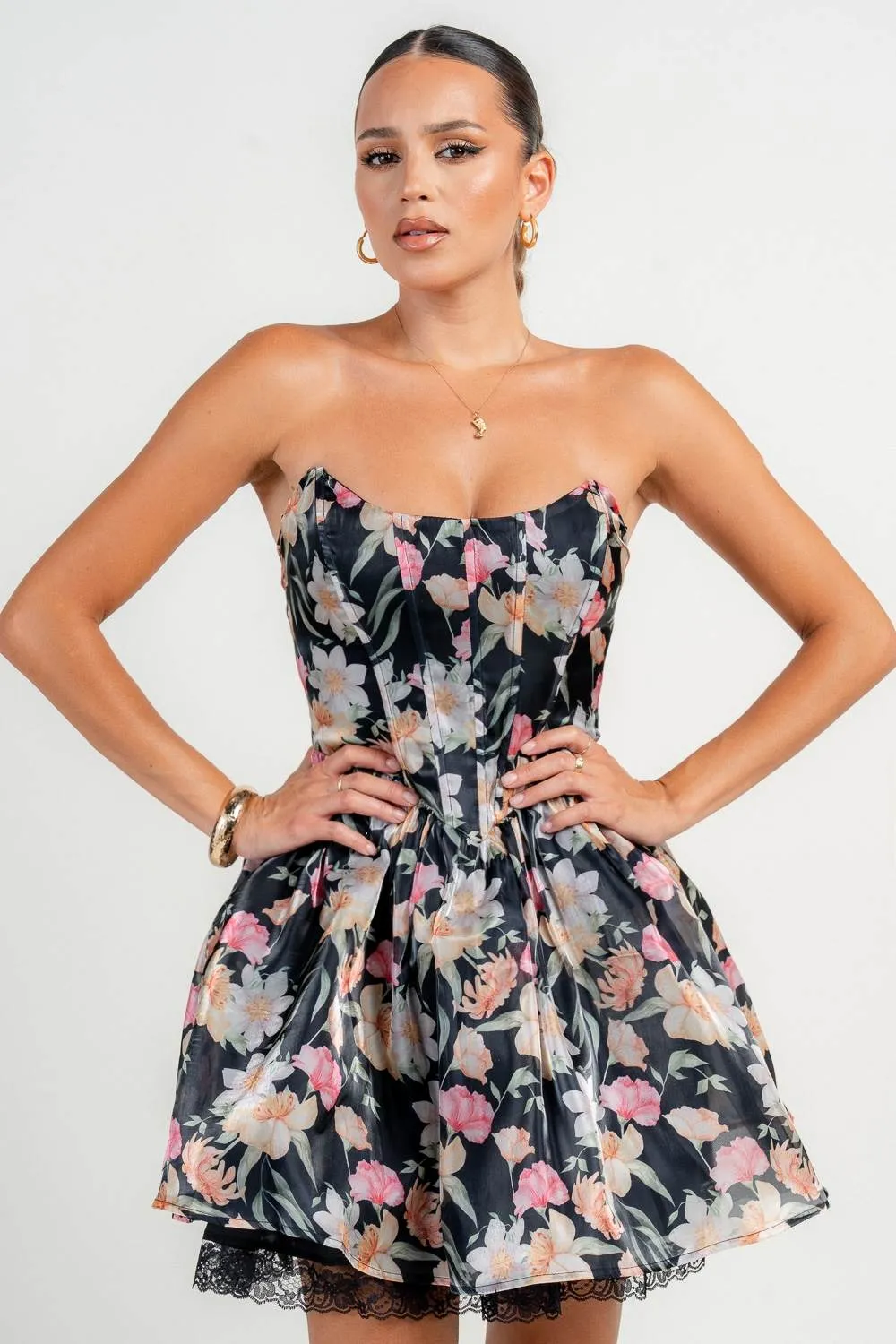 HD30375N / FLORAL PRINT STRAPLESS CORSET A-LINE MINI DRESS sold by privy product image thumbnail 2