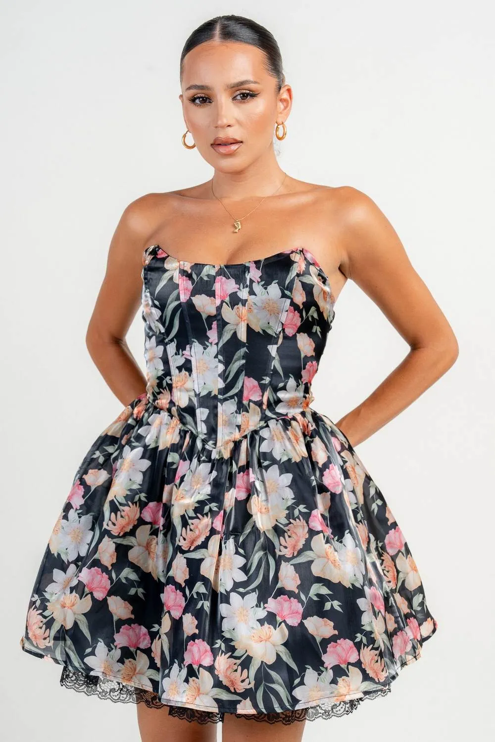 HD30375N / FLORAL PRINT STRAPLESS CORSET A-LINE MINI DRESS sold by privy product image thumbnail 4