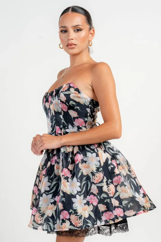 HD30375N / FLORAL PRINT STRAPLESS CORSET A-LINE MINI DRESS sold by privy