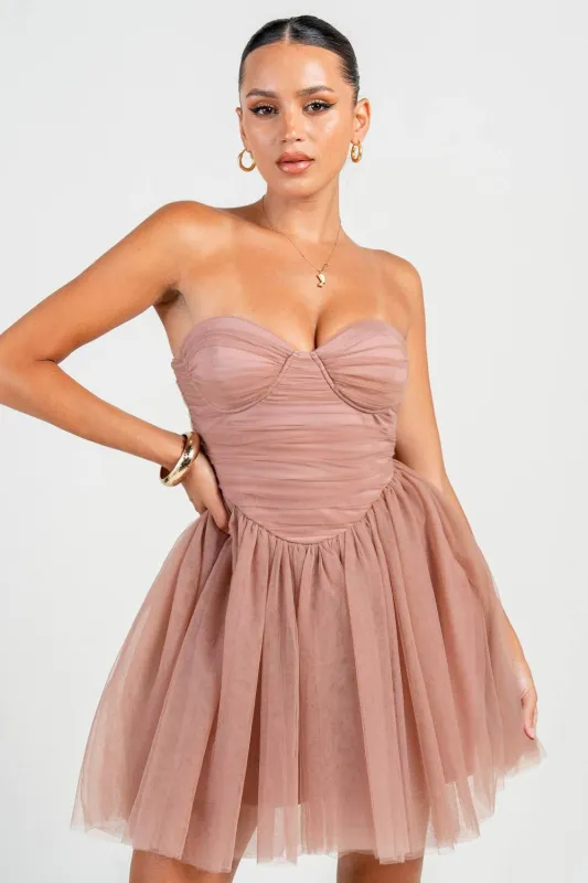 HD30207N / STRAPLESS RUCHED CORSET A-LINE TULLE MINI DRESS sold by privy