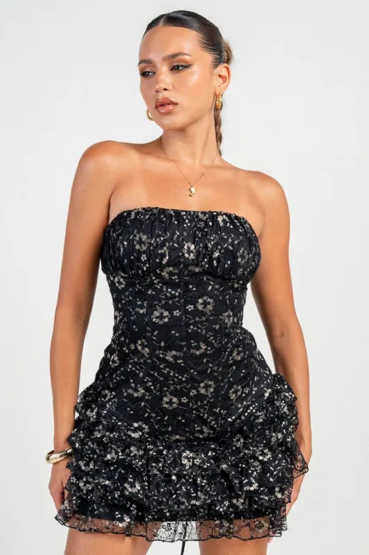 HD30277N / METALLIC LACE RUFFLE HEM MINI DRESS sold by privy