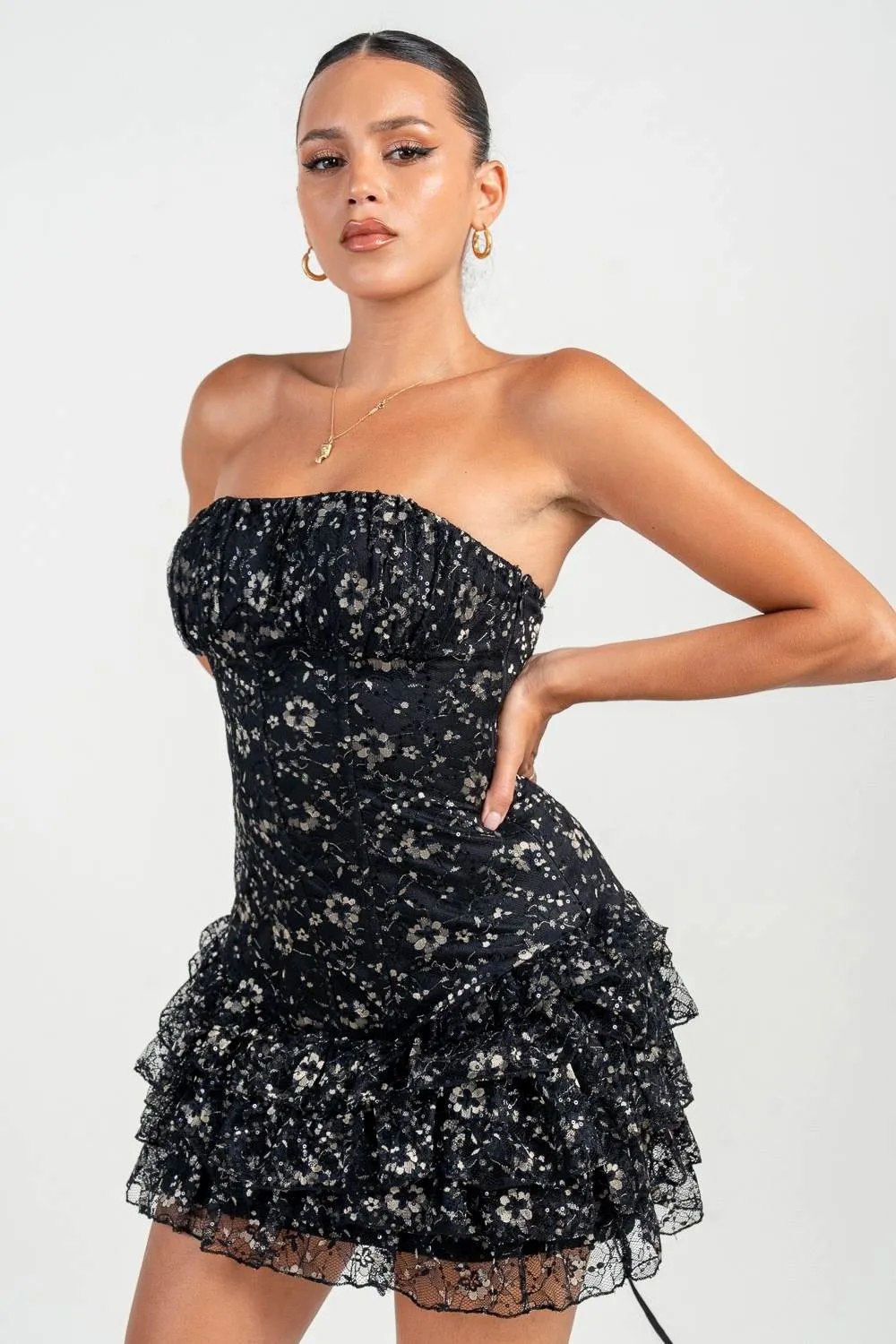 HD30277N / METALLIC LACE RUFFLE HEM MINI DRESS sold by privy product image thumbnail 2