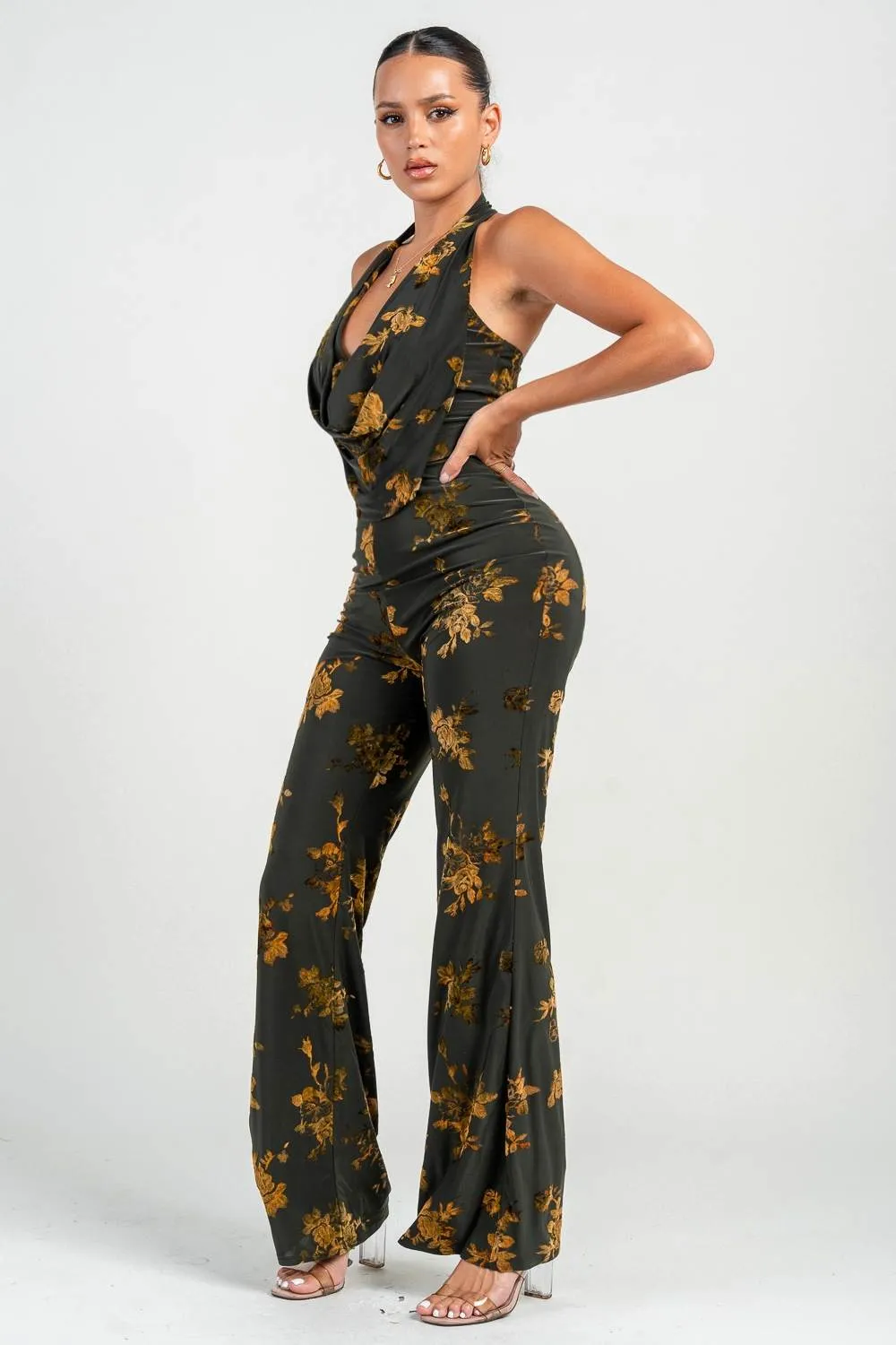 PJ11292S / HALTER COWL NECK FLARE LEG JUMPSUIT sold by privy