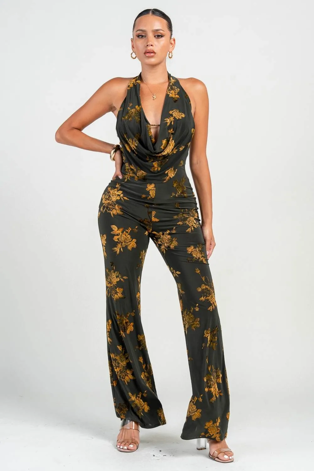PJ11292S / HALTER COWL NECK FLARE LEG JUMPSUIT sold by privy product image thumbnail 2