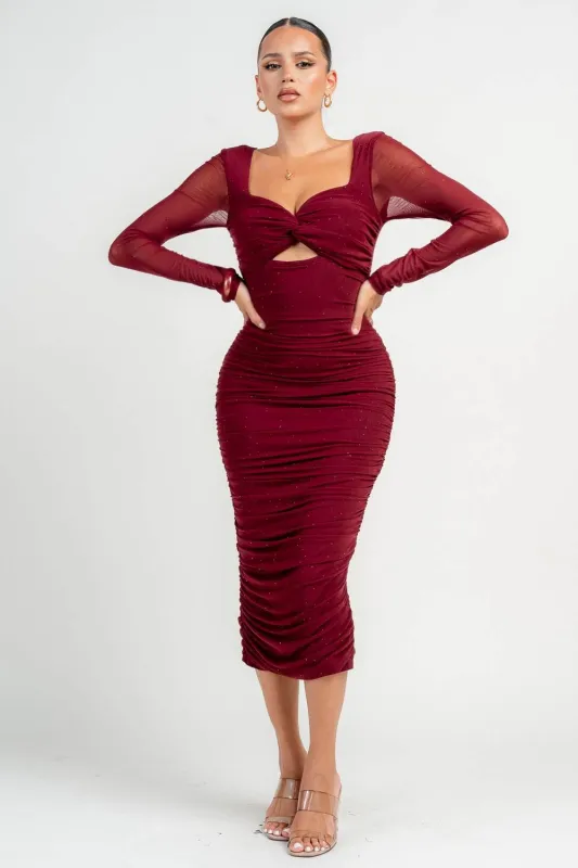 PD79139BTP / SWEET  HEART LONG SLEEVE RUCING RHINESTONE MIDI DRESS sold by privy