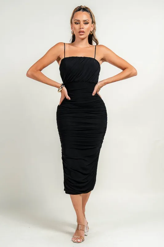 PD78998N / TUBE NECK LINE WITH SPGT STRAP RUCHING SIDE OPEN MIDI DRESS sold by privy