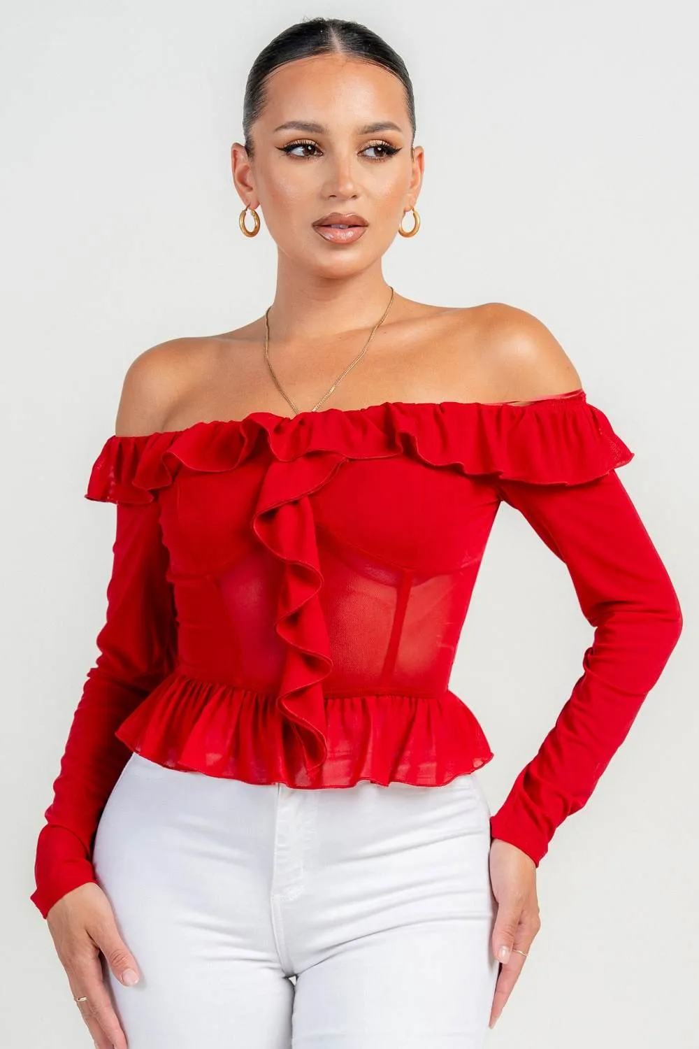 PT45565S / OFF SHOLDER LONG S/V RUFFLE TOP sold by privy