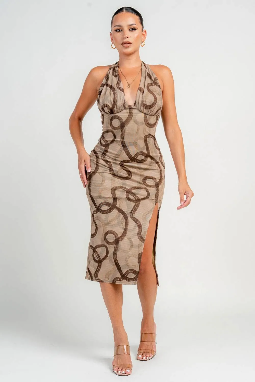 PD79379K / HALTER MIDI PRINT DRESS sold by privy