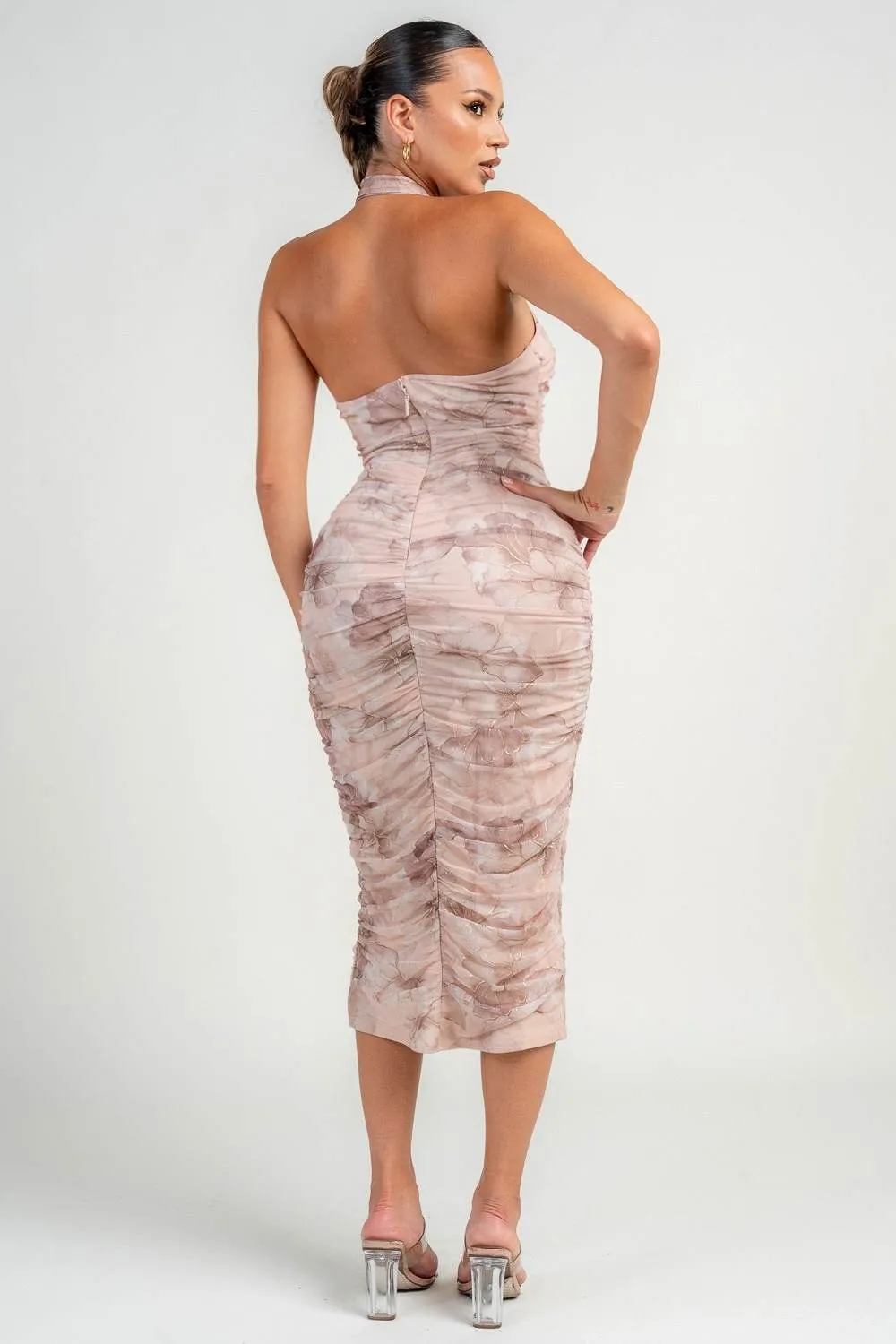 PD79363S / DEEP PLUNGE LACE UP FRONT HALTER RUCHING MIDI DRESS sold by privy product image thumbnail 3