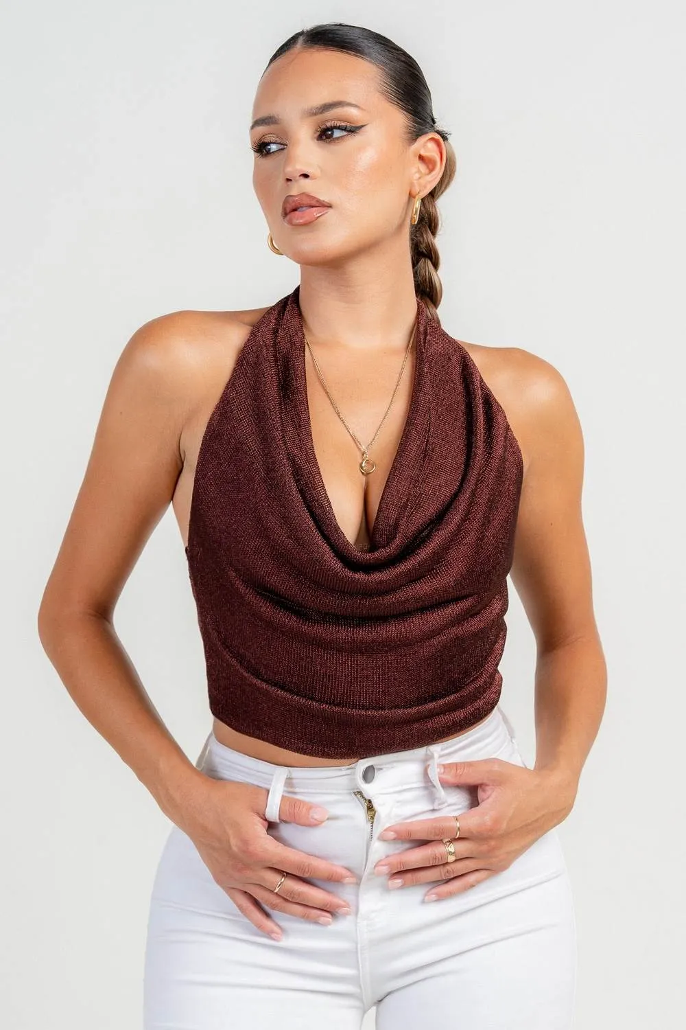 HT4119NST / HALTER COWL NECK METALLIC KNIT TOP sold by privy product image thumbnail 4