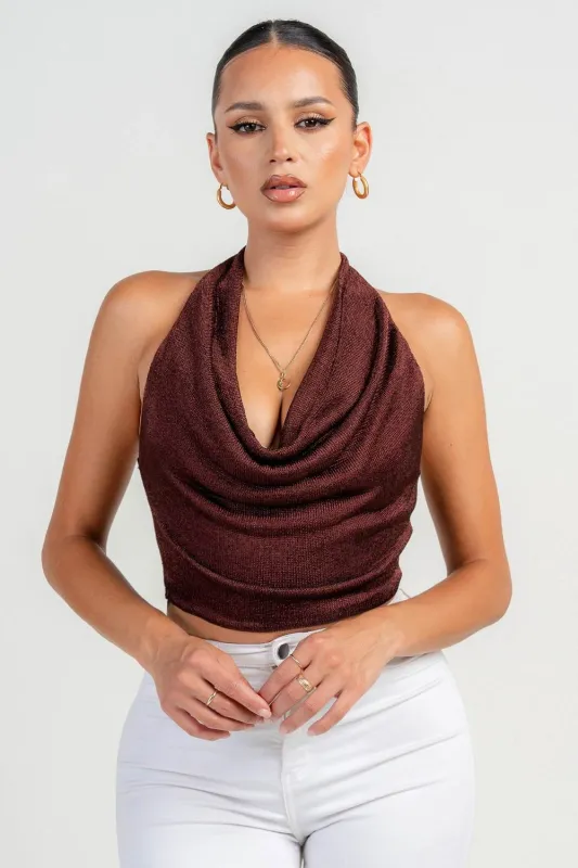 HT4119NST / HALTER COWL NECK METALLIC KNIT TOP sold by privy