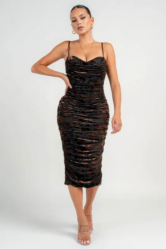 PD79344BST / COWL NECK LACE UP BACK RUCHING MIDI DRESS sold by privy