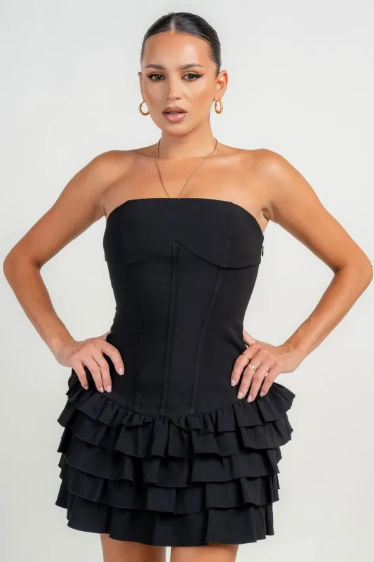 HD30296N / STRETCH WOVEN RUFFLE HEM MINI DRESS sold by privy