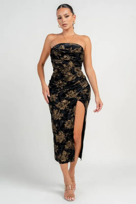 HD30376N / STRAPLESS PLEATED DETAILED SPLIT LEG MIDI DRESS sold by privy