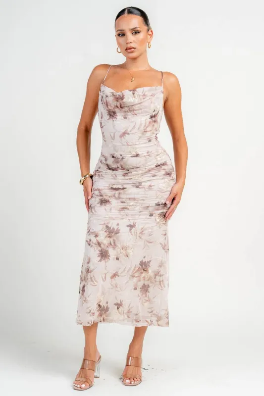 HD30469K / DEEP PLUNGE HALTER NECK RUCHED A-LINE MIDI DRESS sold by privy