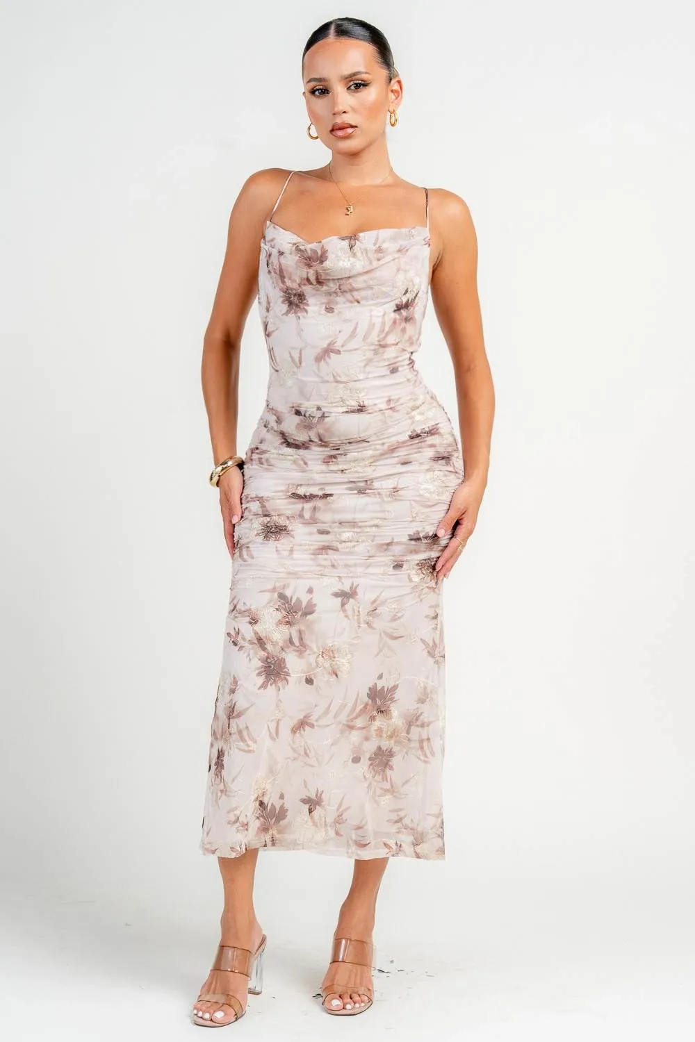 HD30469K / DEEP PLUNGE HALTER NECK RUCHED A-LINE MIDI DRESS sold by privy