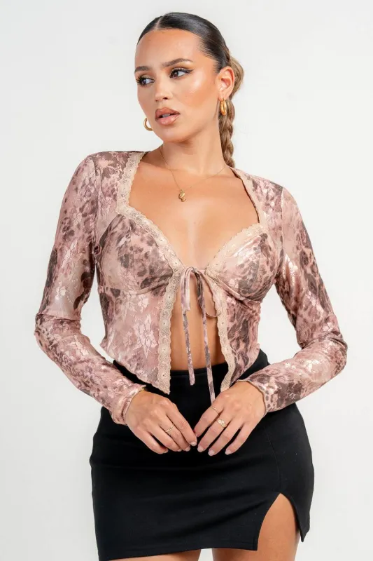 HT4140S / PRINTED MESH LACE TRIM TIE FRONT TOP sold by privy