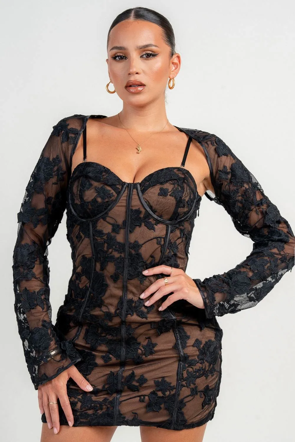 HD30238SST / FLORAL LACE CORSET MINI DRESS WITH DETACHABLE SHEER CARDIGAN sold by privy product image thumbnail 4
