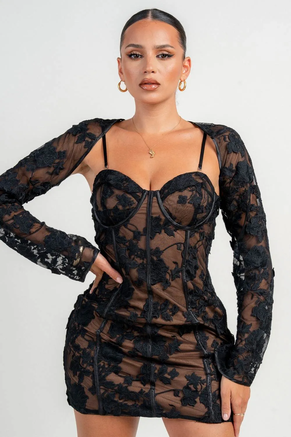 HD30238SST / FLORAL LACE CORSET MINI DRESS WITH DETACHABLE SHEER CARDIGAN sold by privy