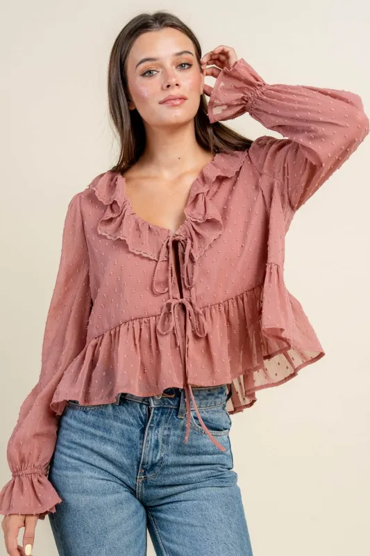 BT3354N / OVERSIZED PEPLUM BLOUSE W/ A FRONT CENTER TIE sold by privy