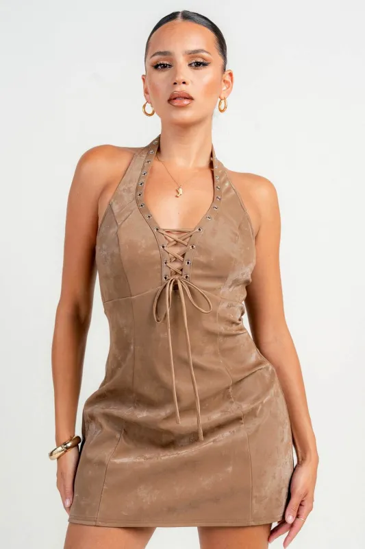 PD79321S / FRONT GROMMENT LACE UP HALTER FLARE MINI DRESS sold by privy