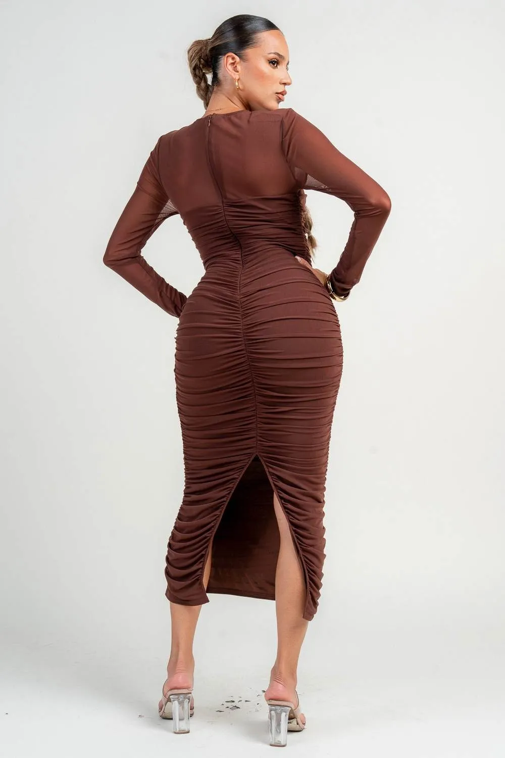 PD79393KST / ROUND NECK LONG SLV RUCHING MIDI BODYCON DRESS sold by privy product image thumbnail 3