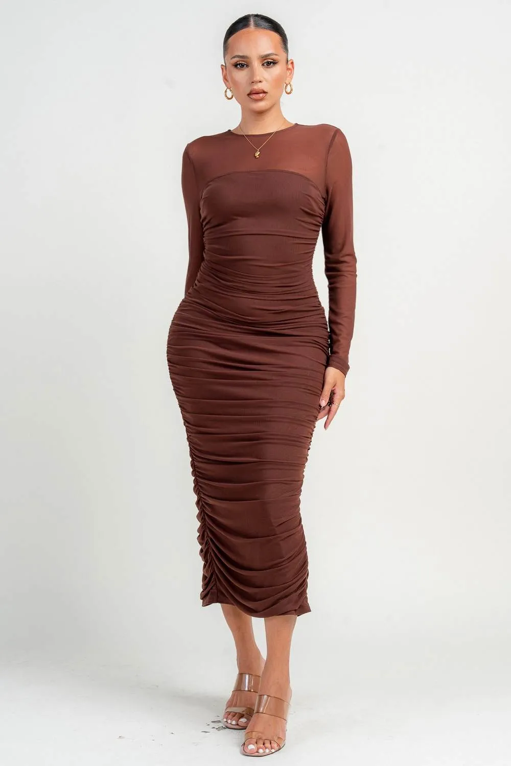 PD79393KST / ROUND NECK LONG SLV RUCHING MIDI BODYCON DRESS sold by privy product image thumbnail 4