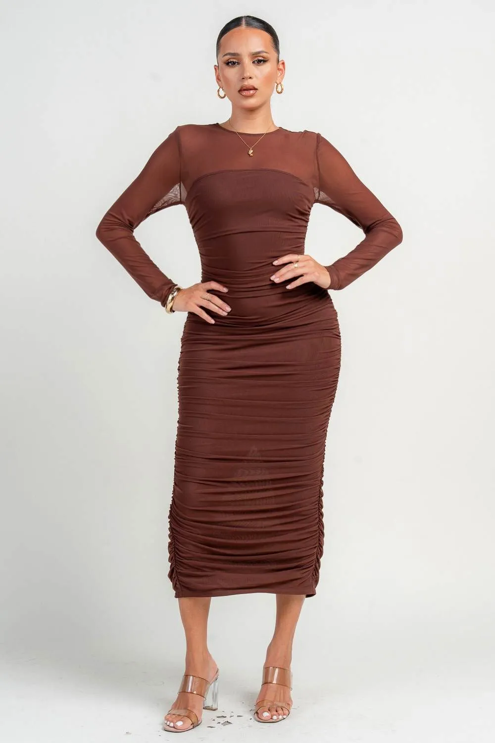 PD79393KST / ROUND NECK LONG SLV RUCHING MIDI BODYCON DRESS sold by privy