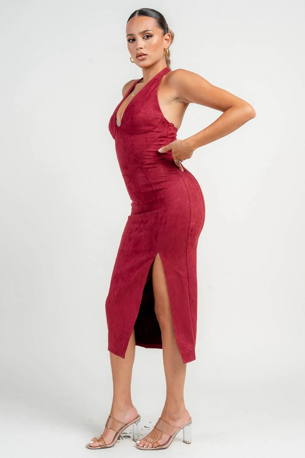 PD79271E / HALTER NECK FRONT SLIT SUEDE MIDI DRESS sold by privy product image thumbnail 2