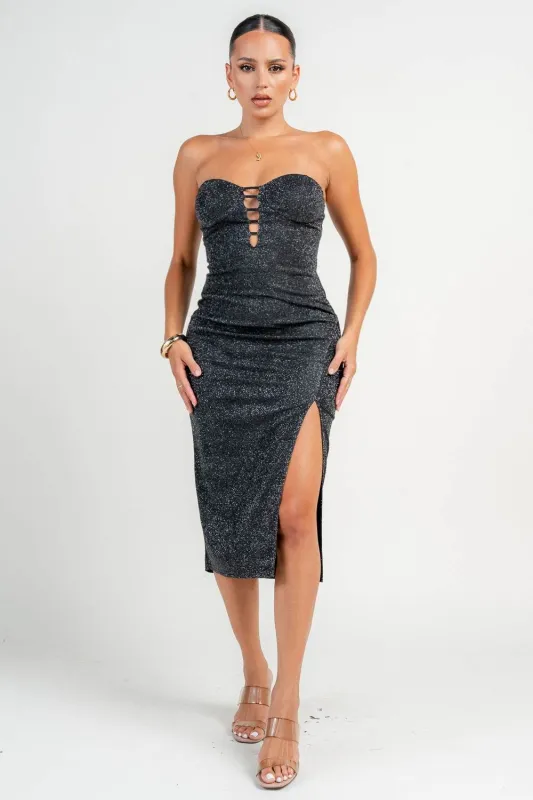 PD79381S / TUBE BUSTIER LADDER DETAIL FRONT SLIT MIDI DRESS made by privy