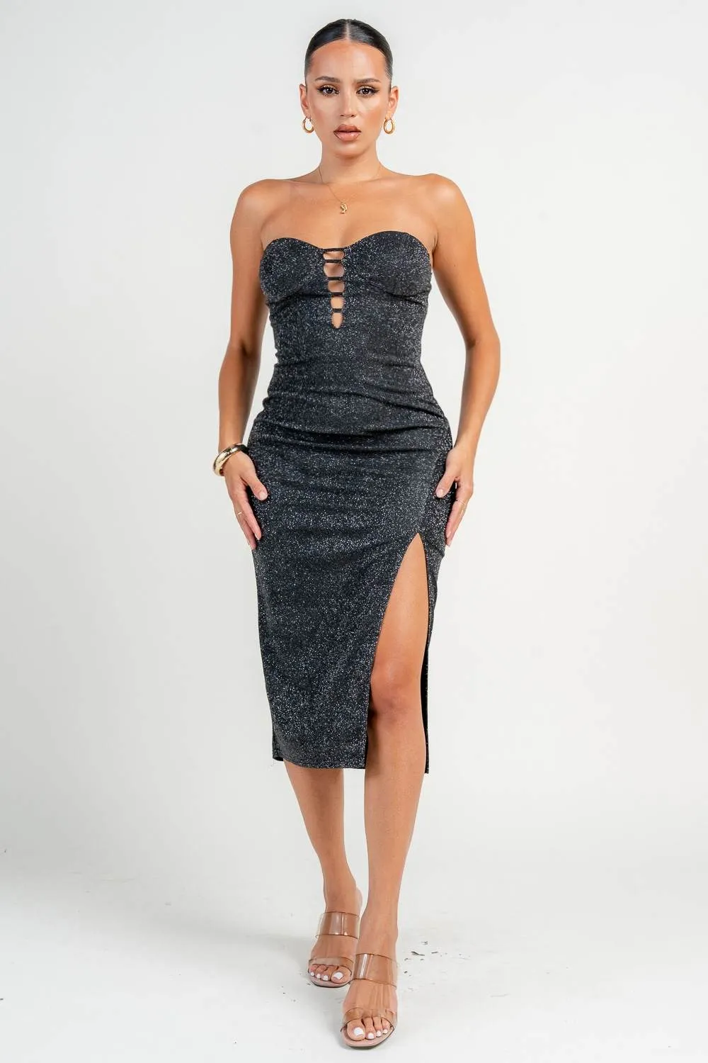 PD79381S / TUBE BUSTIER LADDER DETAIL FRONT SLIT MIDI DRESS sold by privy